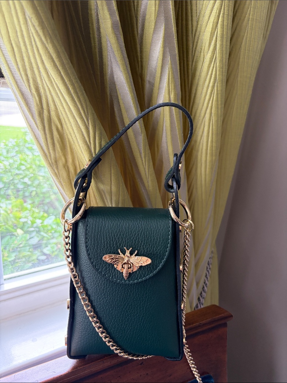 Dark Green Leather Crossbody Bag with Gold Bee Accent
